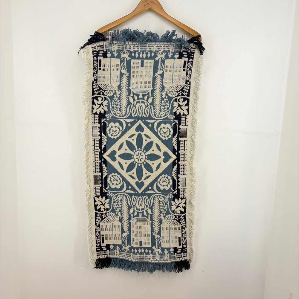 Woven Jacquard Table Runner 42x19.5 Christian and Heathen Blue Cream Fringe